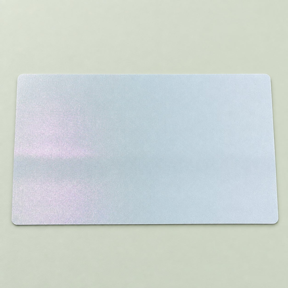 Blank white holofoil sublimation playmat, 13 x 22.43 inches, with pearlescent holographic shimmer and white stitched edges